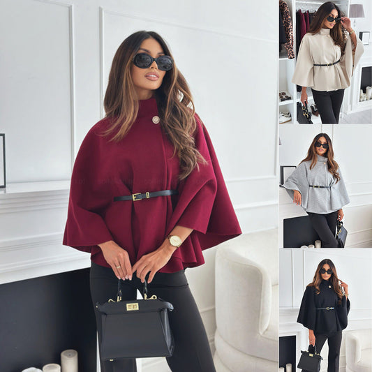 Women's Wool-Blend Cape Coat: Stand Collar Batwing Sleeves & Belted Temperament Jacket LONDYN UPBRINGING
