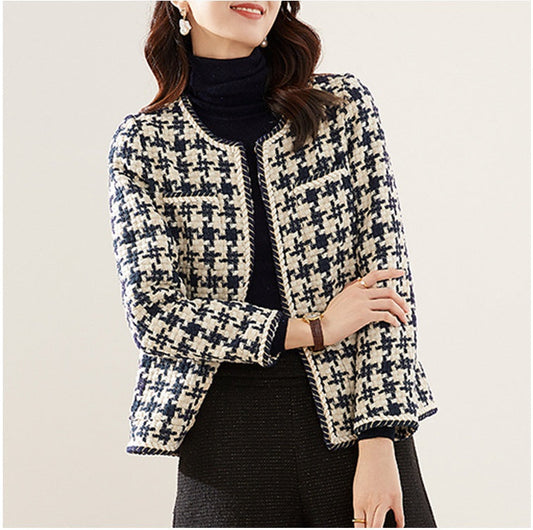 Women's Houndstooth Tweed Jacket – "Small Fragrance" Cropped Elegant Coat LONDYN UPBRINGING