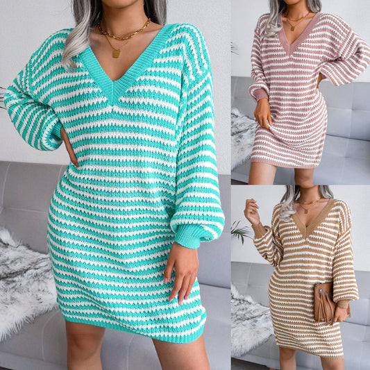 Striped V-Neck Sweater Dress for Women | Long Sleeve Slim Knit Mini LONDYN UPBRINGING