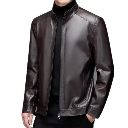 Men’s Leather Jacket – Fleece-Lined Stand Collar Coat for Middle-Aged Style & Winter Warmth LONDYN UPBRINGING