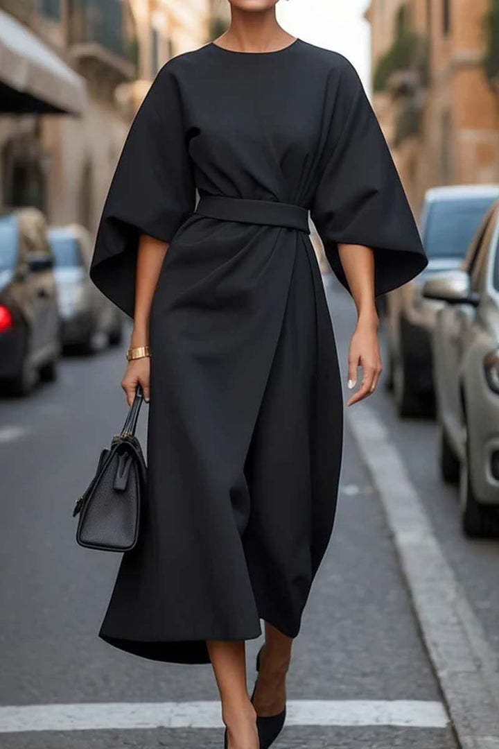 Elegant Batwing Sleeve Dress for Women | Loose Fit Solid Color Waist-Tie LONDYN UPBRINGING