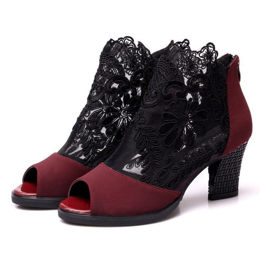 Lucyever Women's Plus Size Square High Heel Sandals: Sexy Flower Lace Peep Toe Gladiator (35-43) LONDYN UPBRINGING
