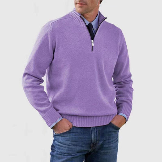 Classic Men's Knit Quarter-Zip Sweater - Solid Color Long Sleeve Stand Collar Top for Winter LONDYN UPBRINGING