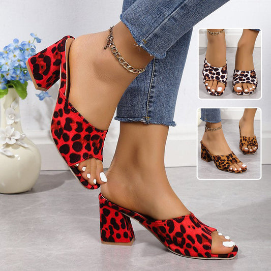 Leopard Chunky Heel Sandals | Women's Square Toe Slides LONDYN UPBRINGING