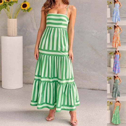 Striped Maxi Beach Dress - Square Neck Backless Suspender Dress w/ Pockets LONDYN UPBRINGING