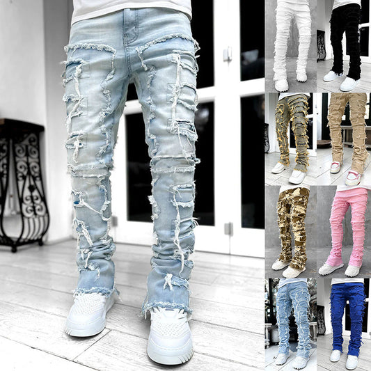 Men’s Patched Stacked Jeans – Long Tight-Fit Fashion Trousers for Trendy Streetwear Style LONDYN UPBRINGING