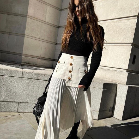 Irregular Hem Chiffon Stitching Pleated Skirt - Multi-Button Detail, A-Line Midi with Pockets LONDYN UPBRINGING