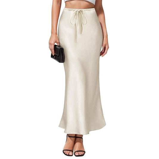 Elegant Acetate Satin Irregular Hem Skirt - Intellectual High-Waist Midi Design LONDYN UPBRINGING