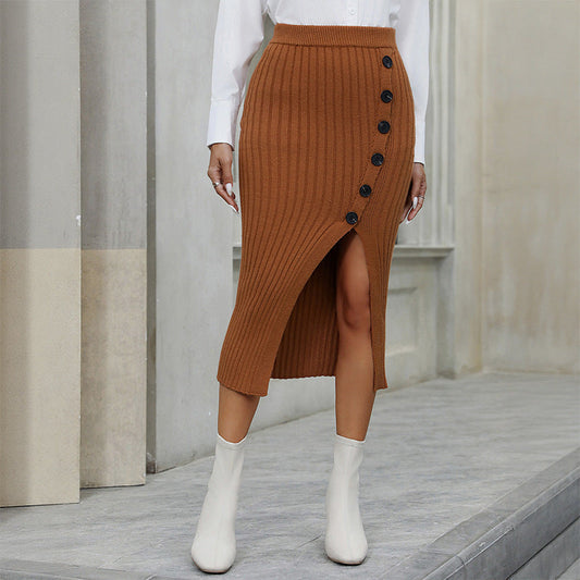 Women's Elegant Knitted Pencil Skirt - Side Button Detail, Casual Commuter Slit Midi LONDYN UPBRINGING