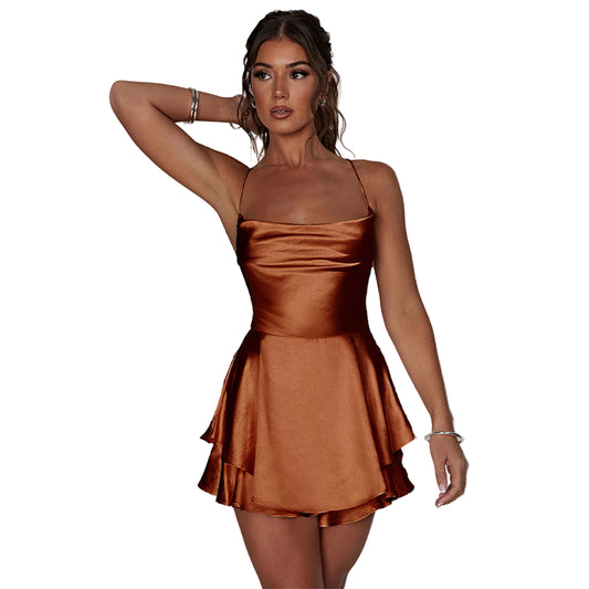 Sexy Suspender Satin Dress for Women | Elegant Slim Strap Backless Lace-Up A-Line LONDYN UPBRINGING