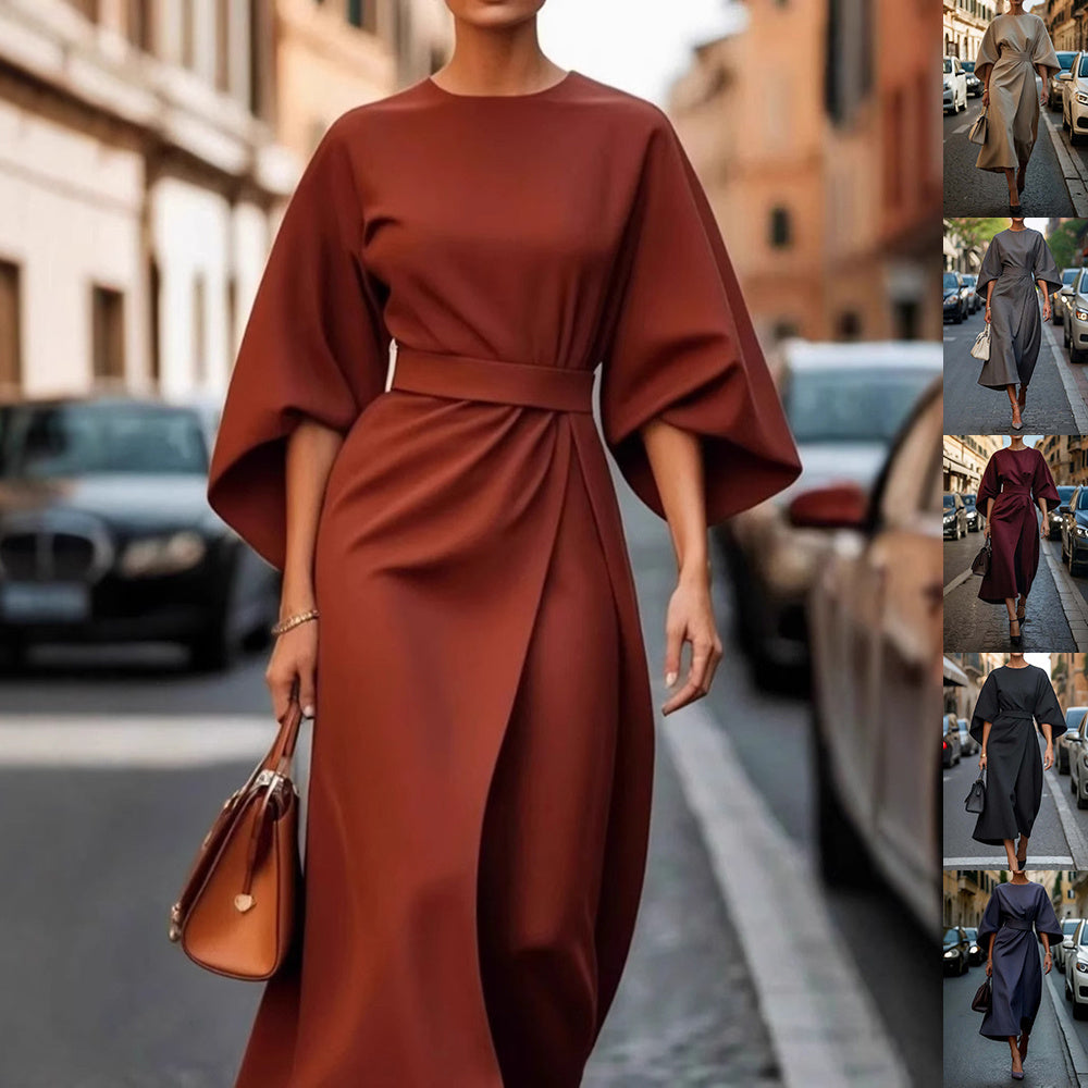 Elegant Batwing Sleeve Dress for Women | Loose Fit Solid Color Waist-Tie LONDYN UPBRINGING