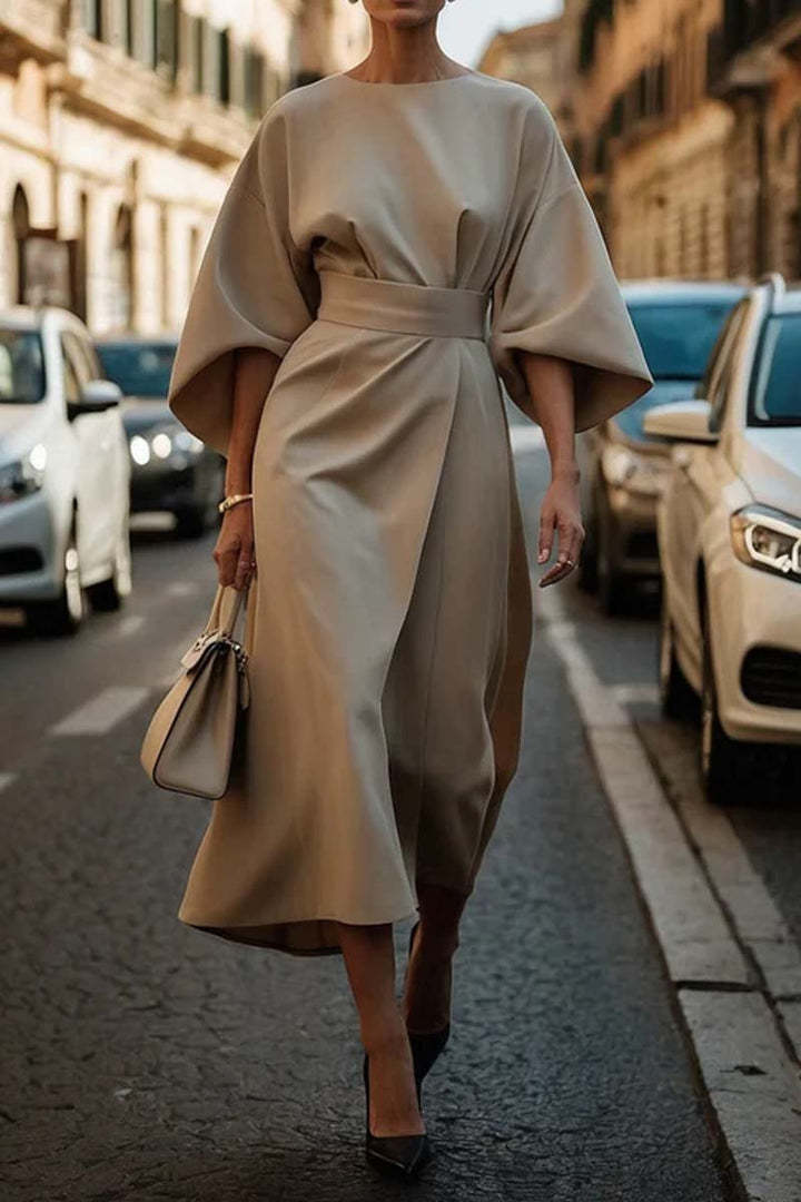 Elegant Batwing Sleeve Dress for Women | Loose Fit Solid Color Waist-Tie LONDYN UPBRINGING