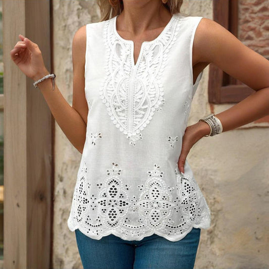 Womens White Eyelet Embroidered Sleeveless Tunic Top | V-Neck Blouse