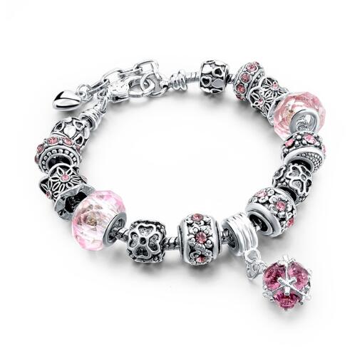 Womens Pink Crystal and Silver Filigree Charm Bracelet
