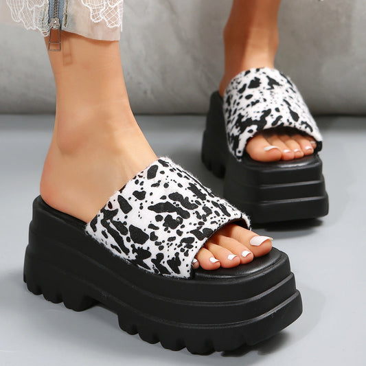 Women's Cow Print Peep Toe Slip-On Sandals: Summer Fashion Flat/Mid High Heel Mules LONDYN UPBRINGING