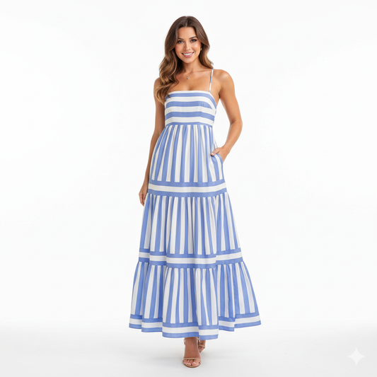 Striped Maxi Beach Dress - Square Neck Backless Suspender Dress w/ Pockets LONDYN UPBRINGING