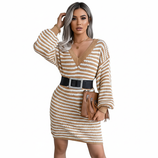 Weekend Waves Sweater Dress | Striped Knit V-Neck Long Sleeve Dress for Women LONDYN UPBRINGING