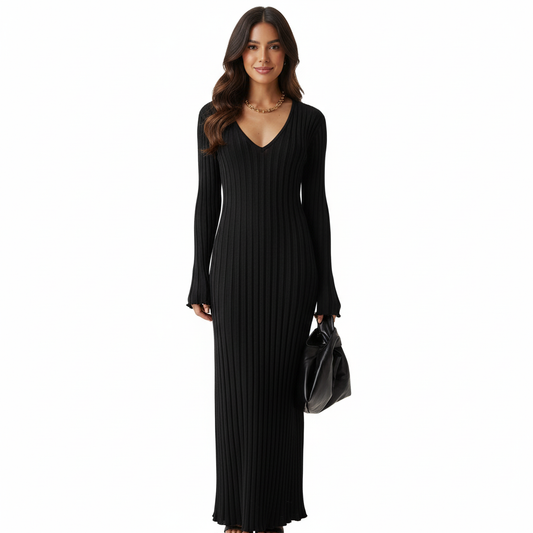 Women's V-Neck Ribbed Knit Maxi Dress | Elegant Slim Fit Pit-Striped Cotton Dress – Urban Chic in Apricot, White & Blac LONDYN UPBRINGING