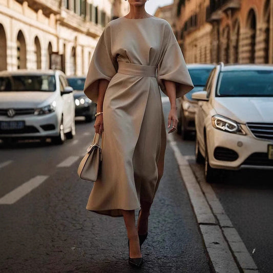 Elegant Batwing Sleeve Dress for Women | Loose Fit Solid Color Waist-Tie LONDYN UPBRINGING