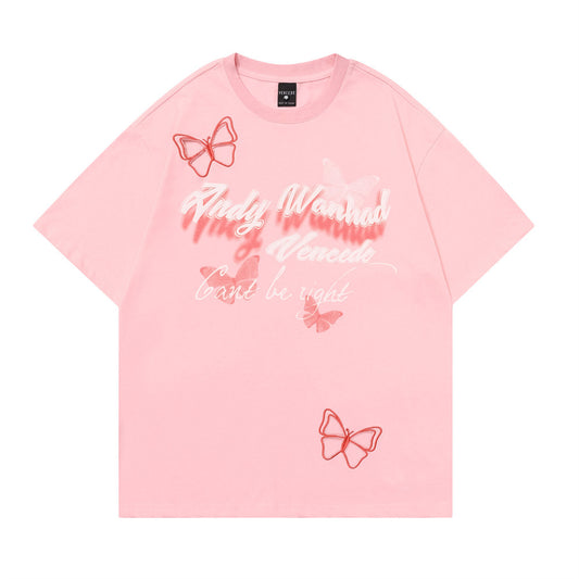 Womens Pink Butterfly Graphic T-Shirt | Oversized Aesthetic Streetwear Tee