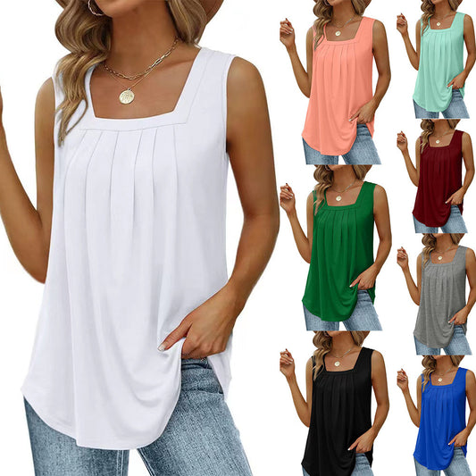 Womens Emerald Green Square Neck Pleated Tank Top - Sleeveless Flowy Summer Tunic