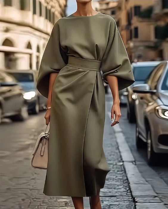 Elegant Batwing Sleeve Dress for Women | Loose Fit Solid Color Waist-Tie LONDYN UPBRINGING
