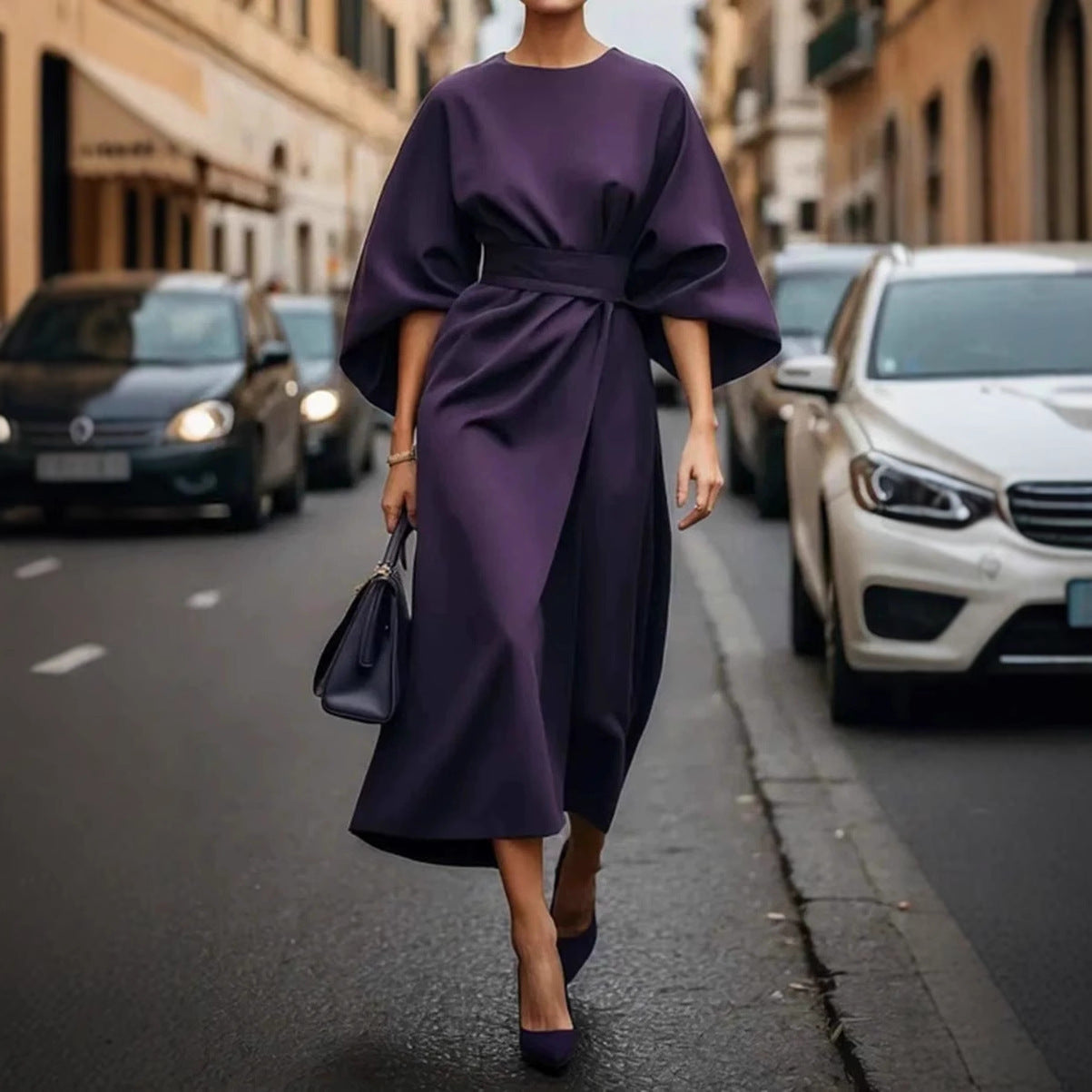 Elegant Batwing Sleeve Dress for Women | Loose Fit Solid Color Waist-Tie LONDYN UPBRINGING