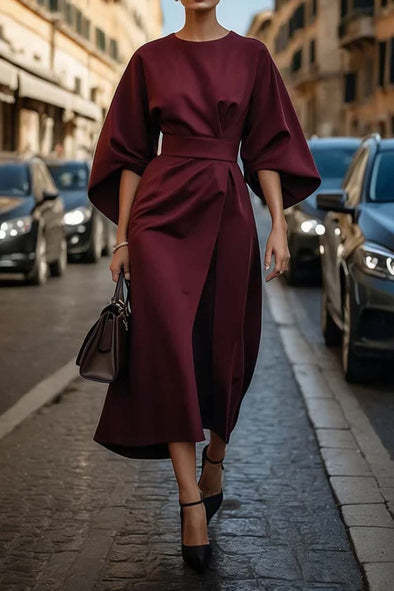 Elegant Batwing Sleeve Dress for Women | Loose Fit Solid Color Waist-Tie LONDYN UPBRINGING