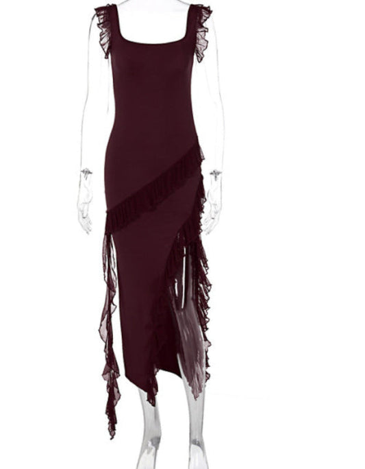 Elegant Ruffle Thigh-High Split Dress for Women | Sexy Spaghetti Strap Backless Evening Gown LONDYN UPBRINGING