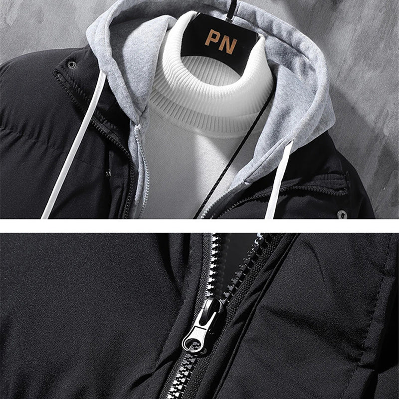 Men’s Hooded Winter Jacket – Windproof Thickened Fake Two-Piece Cotton Coat for Casual Sports & Outdoor Wear LONDYN UPBRINGING
