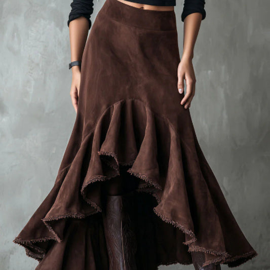 Western-Style Eco Suede High-Low Maxi Skirt - Brown, Ruffle Tiered, Boho Chic LONDYN UPBRINGING