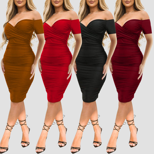 Womens Red Velvet Off Shoulder Ruched Bodycon Dress - Sweetheart Holiday Cocktail Mini Dress