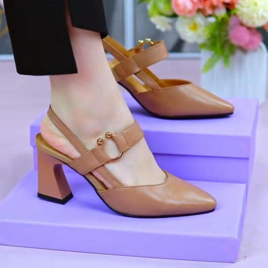 Women's Leather Slingback Closed Toe High Heels: Chunky Block Heel Dress Pumps LONDYN UPBRINGING