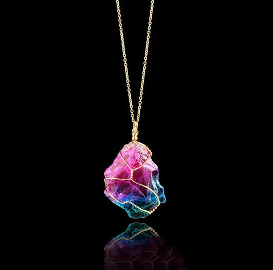 Seven-Color Natural Stone Pendant Necklace | Raw Crystal Rough Stone Wire-Wrapped Jewelry LONDYN UPBRINGING