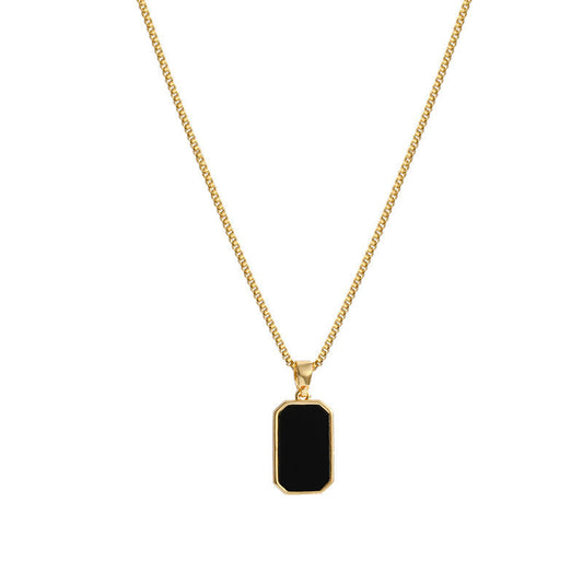 18K Gold Plated Titanium Steel Rectangular Pendant Necklace | Non-Fading Small Black Bar Jewelry for Men & Women LONDYN UPBRINGING