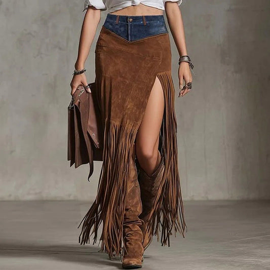 Bohemian Maxi Skirt with Fringe Hem | Women's High Slit Patchwork Western Skirt LONDYN UPBRINGING