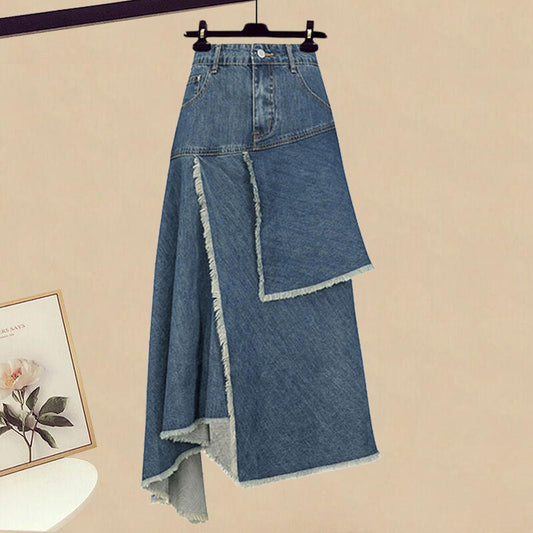 Women's Retro High Waist Denim Skirt: Spring Irregular Hem A-Line Midi Skirt LONDYN UPBRINGING