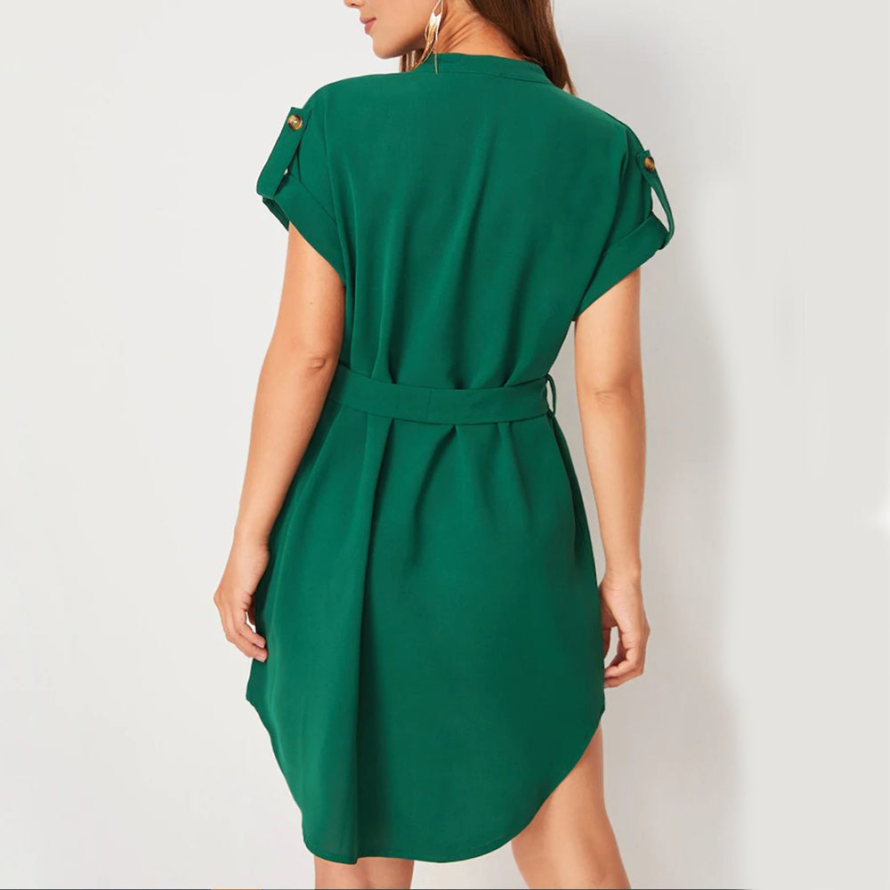 Summer V-Neck Short Sleeve Dress with Belt | Fashion Bowknot Waist A-Line LONDYN UPBRINGING