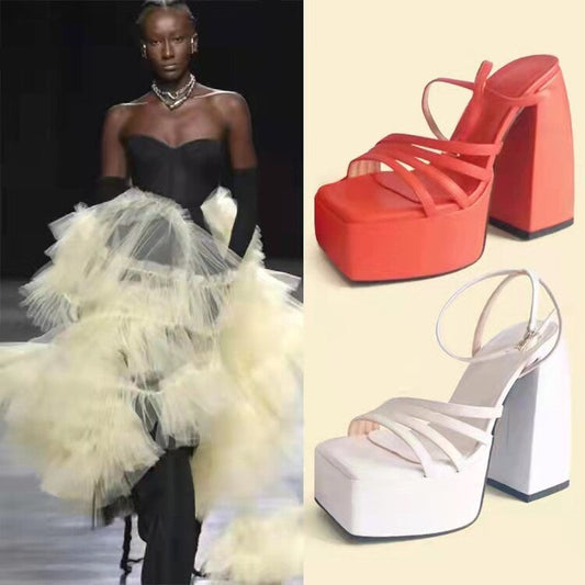 Women's Square Toe Platform Chunky Sandals: Solid Color One-Band Block Heels LONDYN UPBRINGING