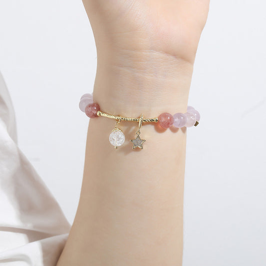 Womens Sparkling Crystal Charm Beaded Bracelet with Strawberry Quartz and Lavender Amethyst
