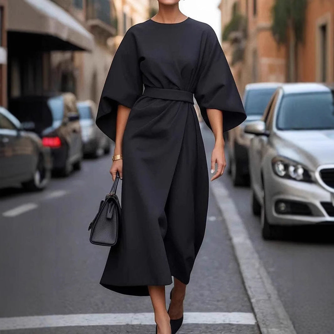Elegant Batwing Sleeve Dress for Women | Loose Fit Solid Color Waist-Tie LONDYN UPBRINGING